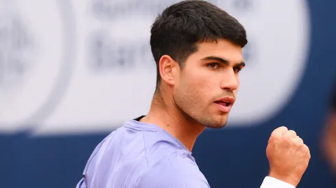 Carlos Alcaraz of Spain celebrates a point against Ethan Quinn of the United States during their match of day two of the Barcelona Open.
