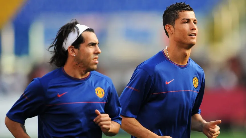 Carlos Tevez and Cristiano Ronaldo run as they attend the Manchester United training session prior to the 2009 UEFA Champions League Final versus Barcelona.