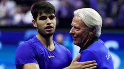 arlos Alcaraz of Team Europe celebrates after winning match point against Ben Shelton of Team World with Bjorn Borg.