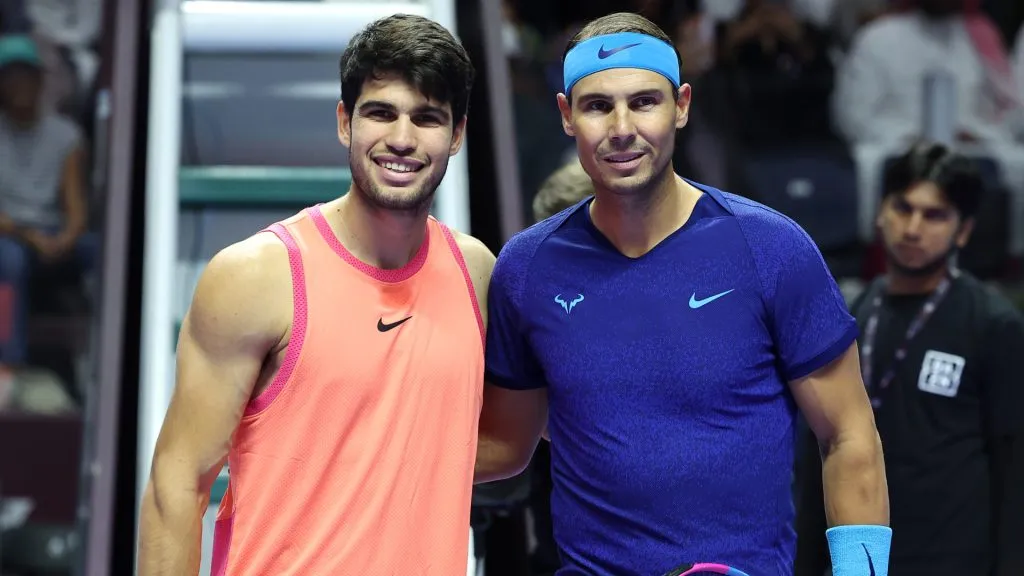 Carlos Alcaraz (L) of Spain and Rafael Nadal of Spain pose prior to their Semi Final match during day two of the Six Kings Slam 2024. (Richard Pelham/Getty Images)