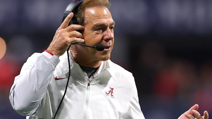 Head coach Nick Saban of the Alabama Crimson Tide reacts to a play during the second quarter against the Georgia Bulldogs in the SEC Championship at Mercedes-Benz Stadium on December 02, 2023 in Atlanta, Georgia.