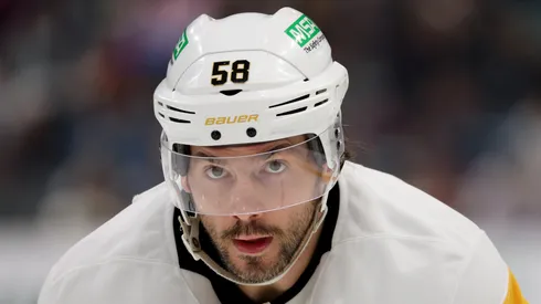 Kris Letang #58 of the Pittsburgh Penguins looks on against the Seattle Kraken at Climate Pledge Arena on January 25, 2025 in Seattle, Washington.
