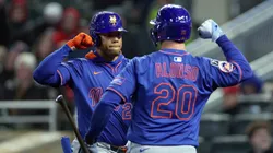 Juan Soto #22 of the New York Mets celebrates his two-run home run against the Minnesota Twins with teammate Pete Alonso #20 in the seventh inning at Target Field on April 14, 2025 in Minneapolis, Minnesota. The Mets defeated the Twins 5-1.