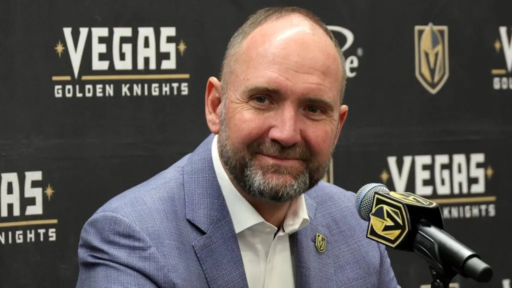 Peter DeBoer smiles during a news conference after a game against the San Jose Sharks at T-Mobile Arena on March 01, 2022. (Source: Ethan Miller/Getty Images)