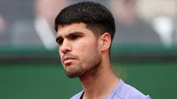 Carlos Alcaraz of Spain looks on as he plays against Arthur Fils of France in the Men's Singles Quarterfinal match during day six of the Rolex Monte-Carlo Masters.