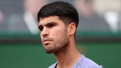 Carlos Alcaraz of Spain looks on as he plays against Arthur Fils of France in the Men's Singles Quarterfinal match during day six of the Rolex Monte-Carlo Masters.