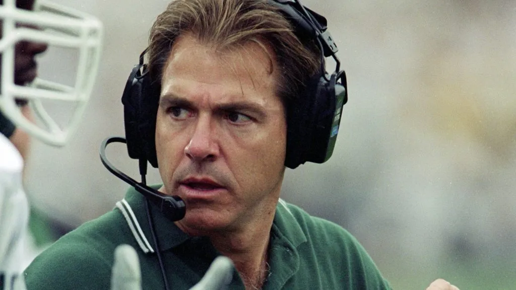 Coach Nick Saban of the Michigan State Spartans looks on during the game against the Purdue Boilermakers at the Ross-Ade Stadium in 1999. (Source: Tom Pidgeon /Allsport)