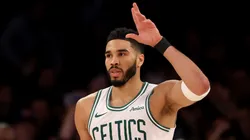 Jayson Tatum #0 of the Boston Celtics reacts in the second half against the New York Knicks at Madison Square Garden on April 08, 2025 in New York City. The Boston Celtics defeated the New York Knicks 119-117 in overtime.