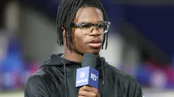 Travis Hunter DB15 of Colorado looks on during the NFL Scouting Combine at Lucas Oil Stadium on February 28, 2025 in Indianapolis, Indiana.