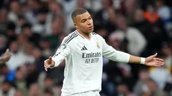 Kylian Mbappe of Real Madrid reacts during the UEFA Champions League 2024/25 Quarter Final Second Leg match between Real Madrid C.F. and Arsenal FC at Estadio Santiago Bernabeu on April 16, 2025 in Madrid, Spain.