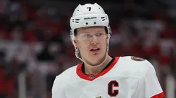Brady Tkachuk #7 of the Ottawa Senators looks on against the Capitals.