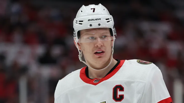 Brady Tkachuk #7 of the Ottawa Senators looks on against the Capitals.