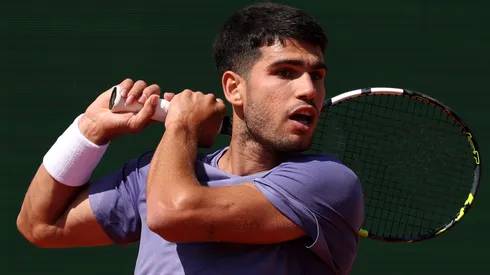 Carlos Alcaraz of Spain plays a backhand in his match against Daniel Altmaier of Germany during day five of the Rolex Monte-Carlo Masters.