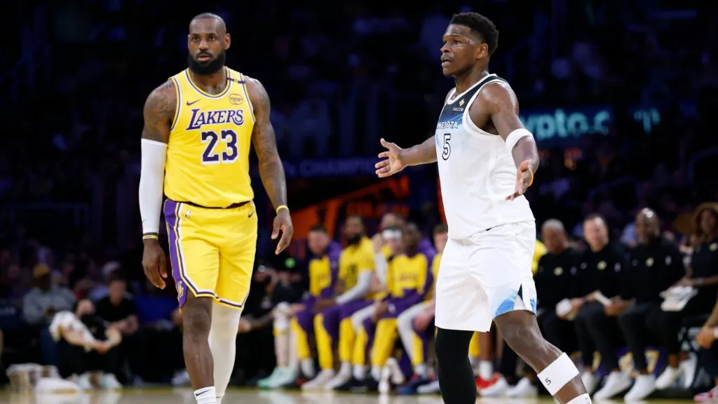 Anthony Edwards #5 of the Minnesota Timberwolves reacts as he guards LeBron James #23 of the Los Angeles Lakers during a 111-102 Lakers win at Crypto.com Arena. (Harry How/Getty Images)