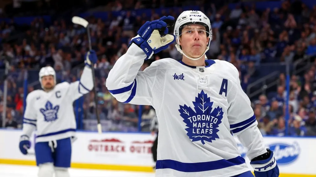 Mitch Marner #16 of the Toronto Maple Leafs (R) celebrates his goal against the Tampa Bay Lightning with Auston Matthews #34 during the first period at the Amalie Arena on April 9, 2025 in Tampa, Florida. (Photo by Mike Carlson/Getty Images)