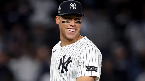 : Aaron Judge #99 of the New York Yankees celebrates the win over the Kansas City Royals at Yankee Stadium on April 15, 2025 in the Bronx borough of New York City.