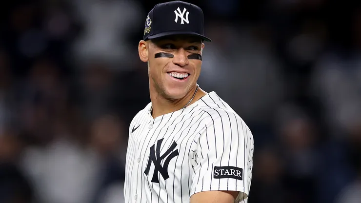 : Aaron Judge #99 of the New York Yankees celebrates the win over the Kansas City Royals at Yankee Stadium on April 15, 2025 in the Bronx borough of New York City.