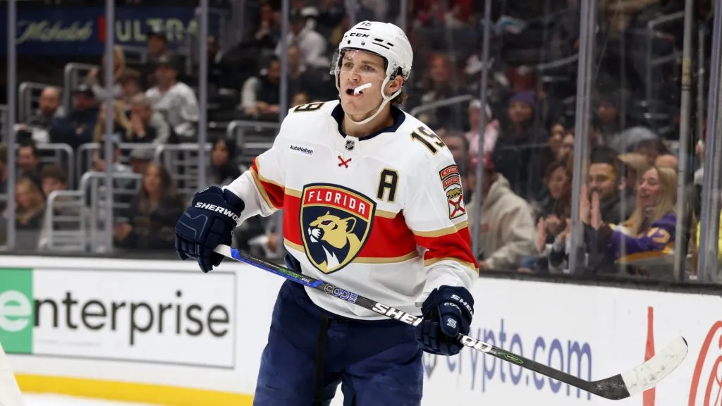 Matthew Tkachuk #19 of the Florida Panthers waits for a pass during a 2-1 loss to the Los Angeles Kings. (Photo by Harry How/Getty Images)