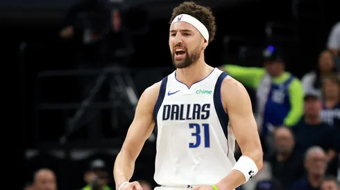 Klay Thompson #31 of the Dallas Mavericks reacts after making a basket against the Sacramento Kings during the first half of the NBA play-in tournament game at Golden 1 Center on April 16, 2025 in Sacramento, California.