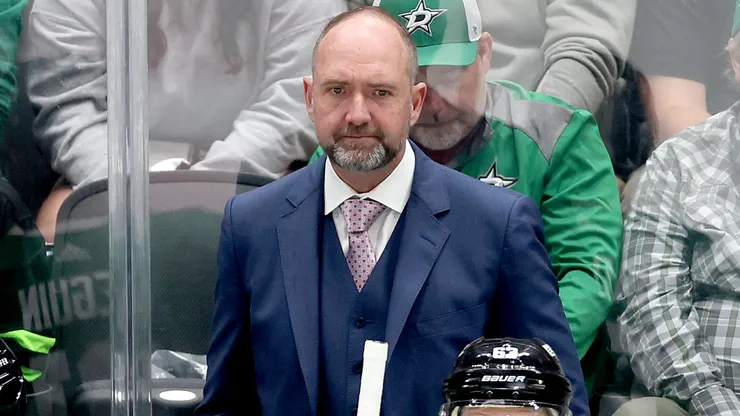 Head coach Peter DeBoer of the Dallas Stars watches as his team plays against the Edmonton Oilers.