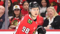Connor Bedard #98 of the Chicago Blackhawks skates against the Seattle Kraken during the first period at the United Center on March 18, 2025 in Chicago, Illinois.