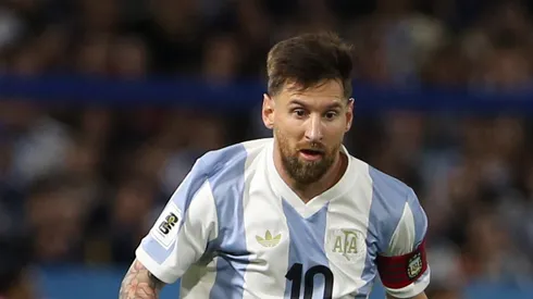 Lionel Messi of Argentina plays the ball during the FIFA World Cup 2026 South American Qualifier match between Argentina and Peru