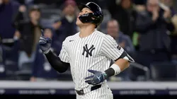Aaron Judge #99 of the New York Yankees gestures as he runs the bases on his seventh inning home run against the Kansas City Royals at Yankee Stadium on April 16, 2025 in New York City.