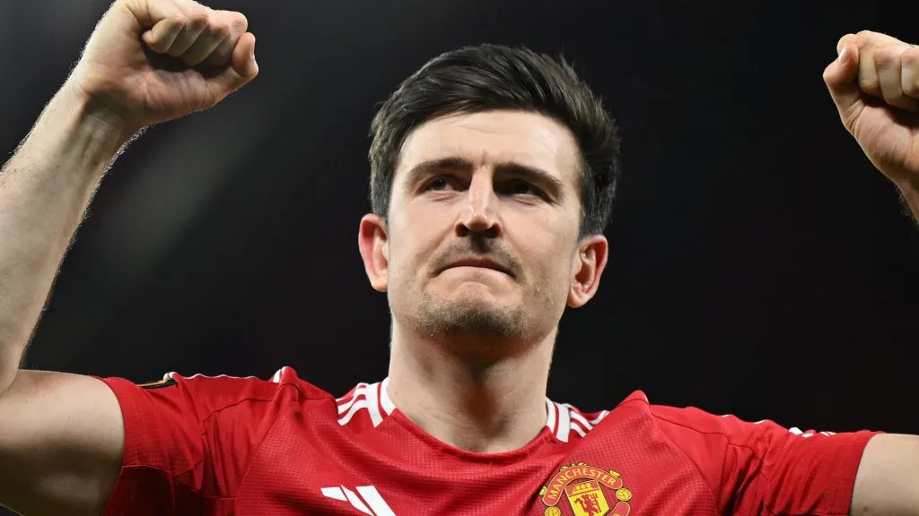Harry Maguire of Manchester United celebrates victory after the UEFA Europa League 2024/25 Quarter Final Second Leg match between Manchester United and Olympique Lyonnais