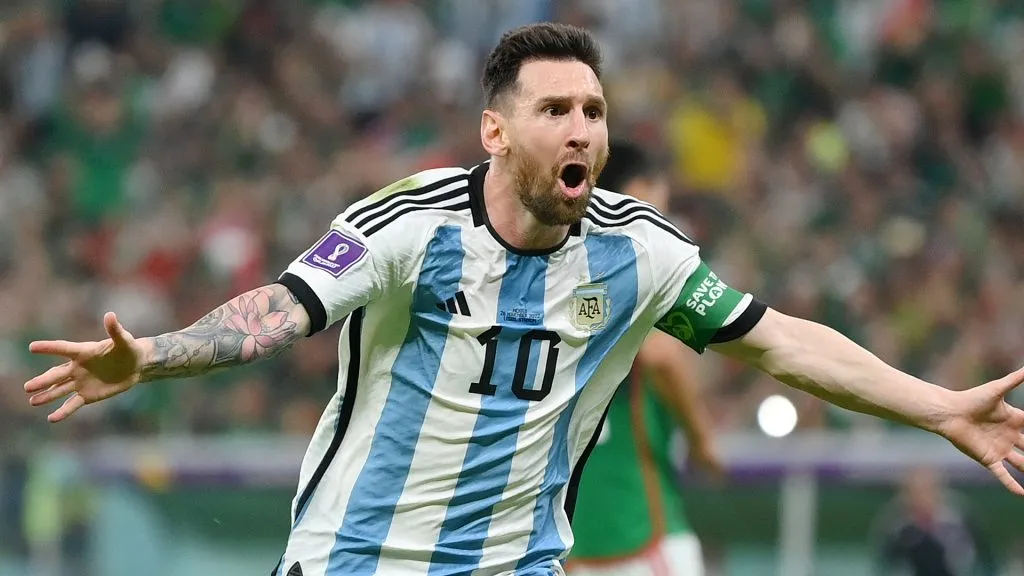 Lionel Messi of Argentina celebrates scoring their team's first goal during the FIFA World Cup Qatar 2022 Group C match between Argentina and Mexico