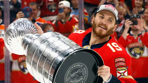 Matthew Tkachuk #19 of the Florida Panthers celebrates with the Stanley Cup following a 2-1 victory over the Edmonton Oilers in Game Seven of the 2024 NHL Stanley Cup Final at Amerant Bank Arena on June 24, 2024 in Sunrise, Florida.