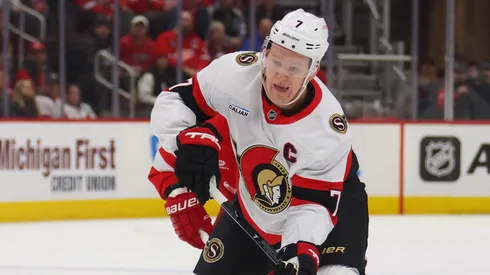 Brady Tkachuk #7 of the Ottawa Senators plays against the Detroit Red Wings.