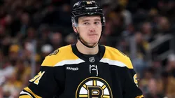 Nikita Zadorov #91 of the Boston Bruins looks on during the game against the New Jersey Devils.
