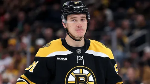 Nikita Zadorov #91 of the Boston Bruins looks on during the game against the New Jersey Devils.