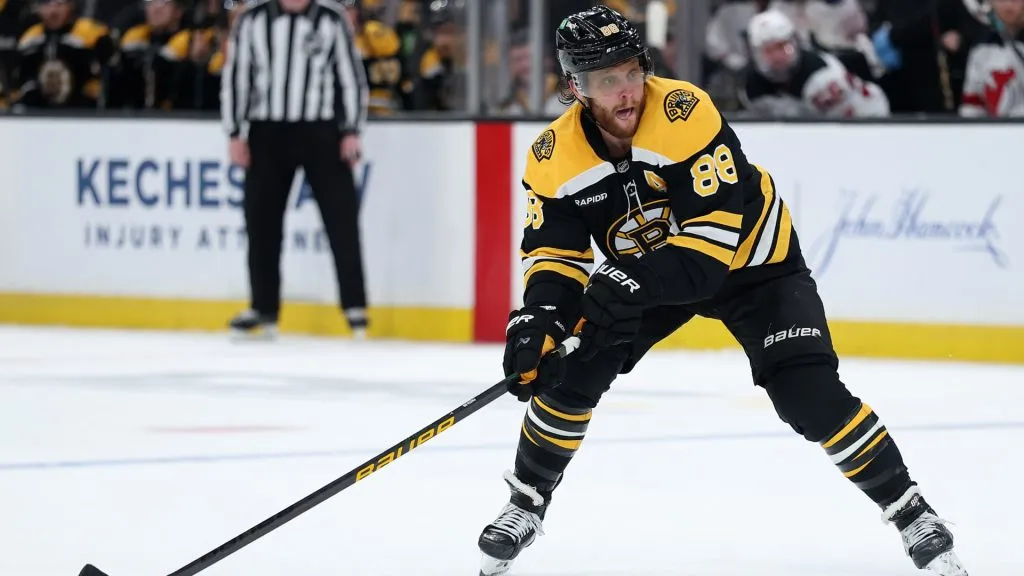 David Pastrnak #88 of the Boston Bruins skates against the New Jersey Devils during the third period at TD Garden on April 15, 2025 in Boston, Massachusetts. (Photo by Maddie Meyer/Getty Images)