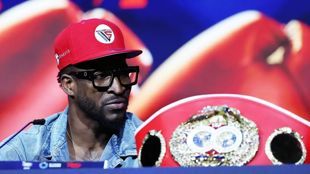 William Scull of Cuba looks on during his press conference with Canelo Alvarez of Mexico (not pictured) to promote their Super Middleweight World Championship fight on March 06, 2025 in New York City. (Photo by Sarah Stier/Getty Images)