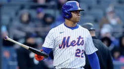 Juan Soto #22 of the New York Mets is intentionally walked to load the bases in the sixth inning against the Miami Marlins.