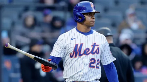 Juan Soto #22 of the New York Mets is intentionally walked to load the bases in the sixth inning against the Miami Marlins.