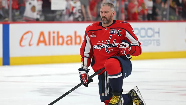 Alex Ovechkin #8 of the Washington Capitals warms up before playing at Capital One Arena on April 04, 2025.