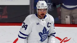 Auston Matthews #34 of the Toronto Maple Leafs skates prior to the game against the Florida Panthers on April 8, 2025 in Sunrise, Florida.