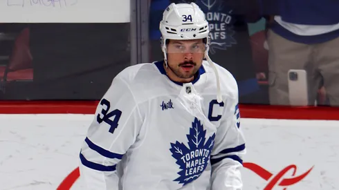 Auston Matthews #34 of the Toronto Maple Leafs skates prior to the game against the Florida Panthers on April 8, 2025 in Sunrise, Florida.