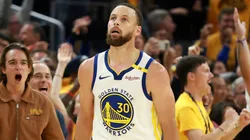 Stephen Curry #30 of the Golden State Warriors reacts after making a basket against the Memphis Grizzlies in the second half of the NBA play-in tournament game at Chase Center on April 15, 2025 in San Francisco, California.