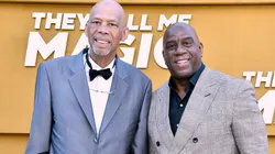 Los Angeles Lakers legends Kareem Abdul-Jabbar and Magic Johnson on April 14, 2022