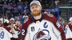 Gabriel Landeskog #92 of the Colorado Avalanche skates for the presentation of the Stanley Cup following the series winning victory over the Tampa Bay Lightning in Game Six of the 2022 NHL Stanley Cup Final.