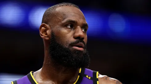 LeBron James #23 of the Los Angeles Lakers looks on against the Dallas Mavericks.