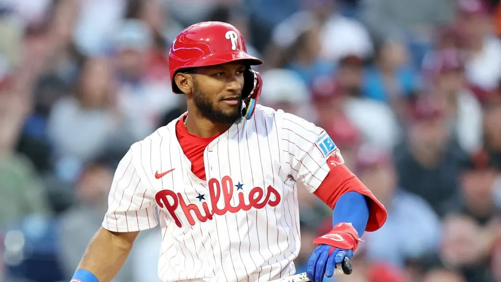 Johan Rojas #23 of the Philadelphia Phillies at bat during a game against the San Francisco Giants