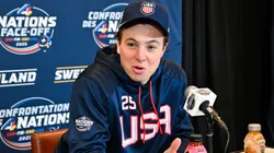Charlie McAvoy #25 of the United States takes questions during media day ahead of the 2025 NHL 4 Nations Face-Off.
