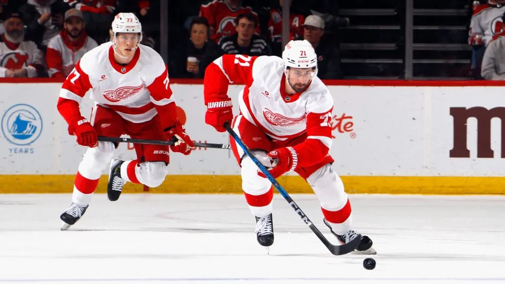 Dylan Larkin #71 of the Detroit Red Wings skates against the New Jersey Devils at Prudential Center on April 16, 2025 in Newark, New Jersey. (Photo by Bruce Bennett/Getty Images)