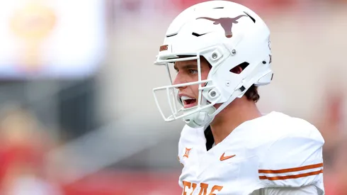 Arch Manning #16 of the Texas Longhorns reacts prior to a game against the Alabama Crimson Tide at Bryant-Denny Stadium on September 09, 2023 in Tuscaloosa, Alabama.