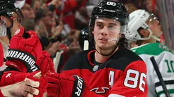 Jack Hughes #86 of the New Jersey Devils celebrates his powerplay goal against the Dallas Stars on February 22, 2025 in Newark, New Jersey.