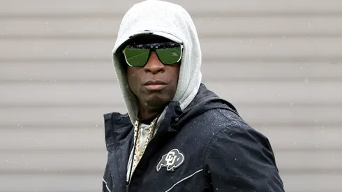 Head coach Deion Sanders of the Colorado Buffaloes watches as his team warms-up prior to their spring game at Folsom Field on April 27, 2024 in Boulder, Colorado.